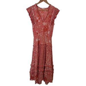 Poupette St Barth Red Floral Print Ruffle Midi Dress Size XS